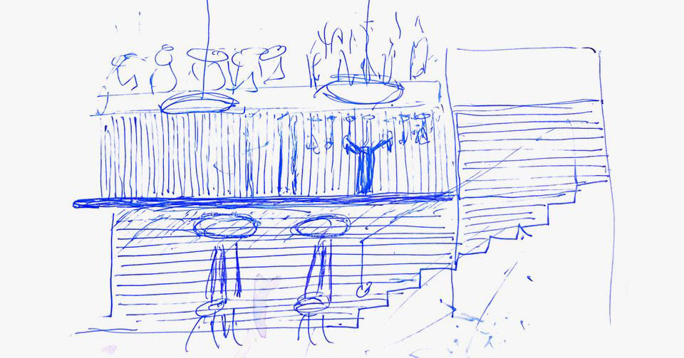 Schets van bar en zitgedeelte